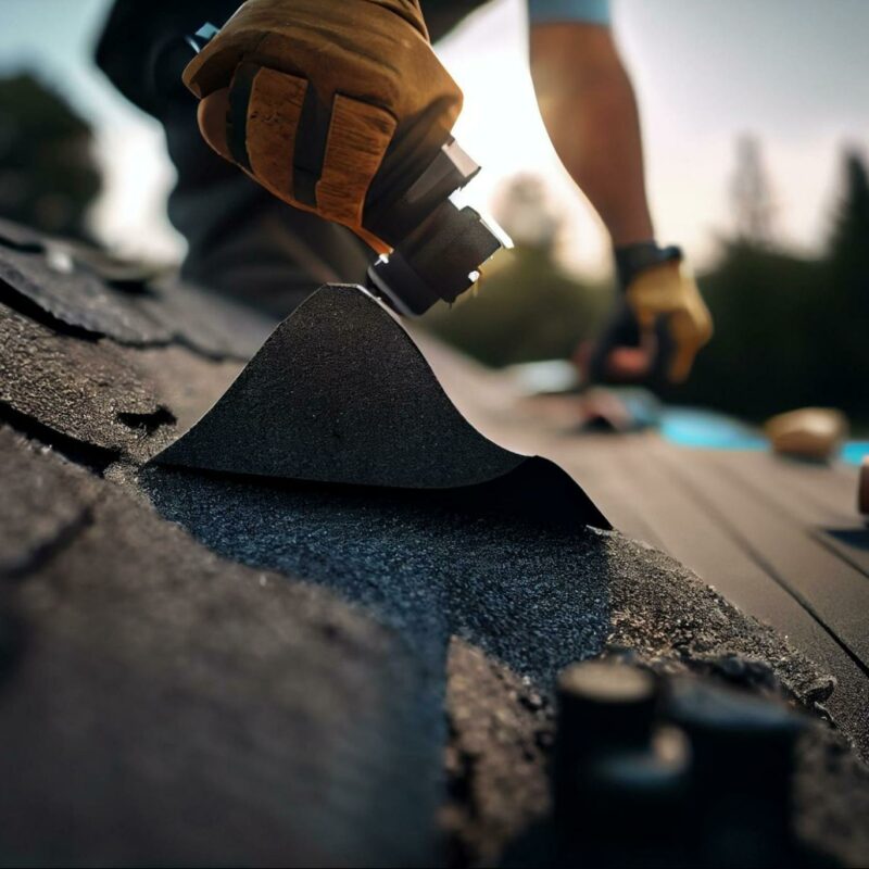 Close-up of a roofer's gloved hands using a scraper to remove black asphalt shingles on a roof, with tools and additional shingles scattered around on the roof's surface.